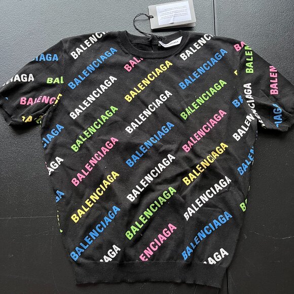 NWT Balenciaga Crop Sweater Cotton Puff Ink Knit Black Multicolor Logo Print - Picture 3 of 11